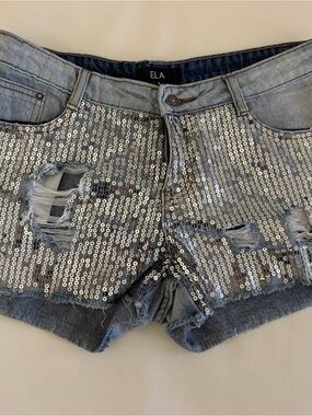 ELA Silver Sequin Distressed Denim Shorts - Women's
